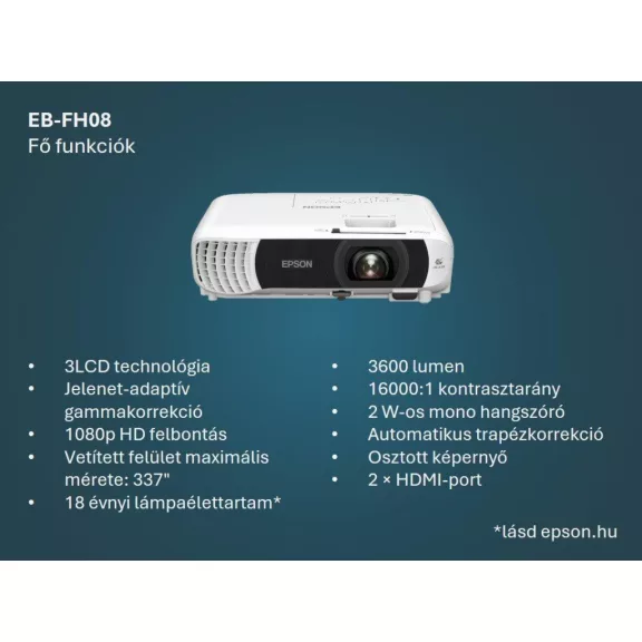 Epson EB-FH08 3LCD / 3600Lumen / Full HD projektor