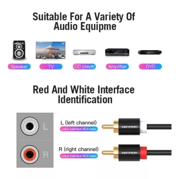 Vention 2*RCA/M -> 2*RCA/M , (audio,fekete), 2m, kábel