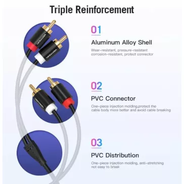 Vention 2*RCA/M -> 2*RCA/M , (audio,fekete), 3m, kábel