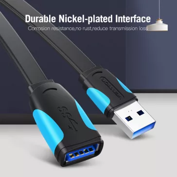 Vention USB 3.0 (hosszabbító, lapos, fekete), 0,5m, kábel