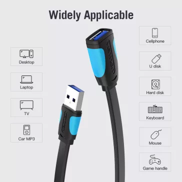   Vention USB 3.0,  (hosszabbító, lapos, fekete), 1,5m, kábel