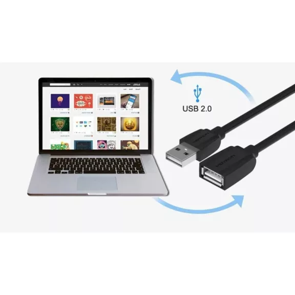 Vention USB-A 2.0/M -> USB-A 2.0/F (hosszabbító,PVC,fekete), 2m, kábel